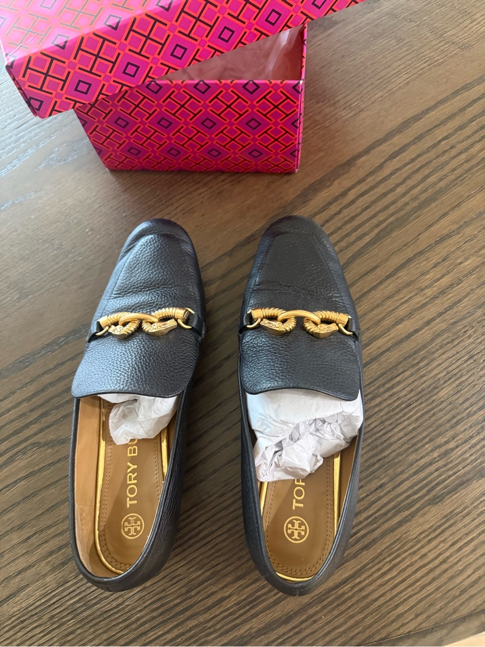 Tory Burch Dark Brown Pebbled Leather Loafers with Gold Chain
